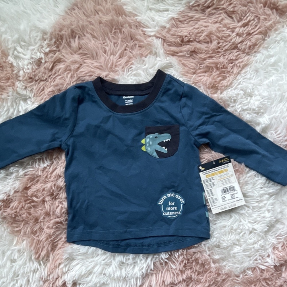 Gerber Boys T-Shirt 3-6 Months Blue Long Sleeve Dinosaur Graphic Crew Neck